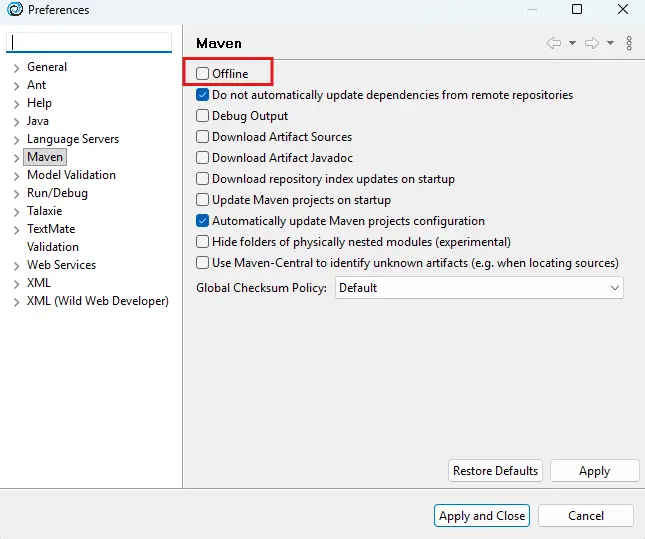 Décoche l'option offline de maven