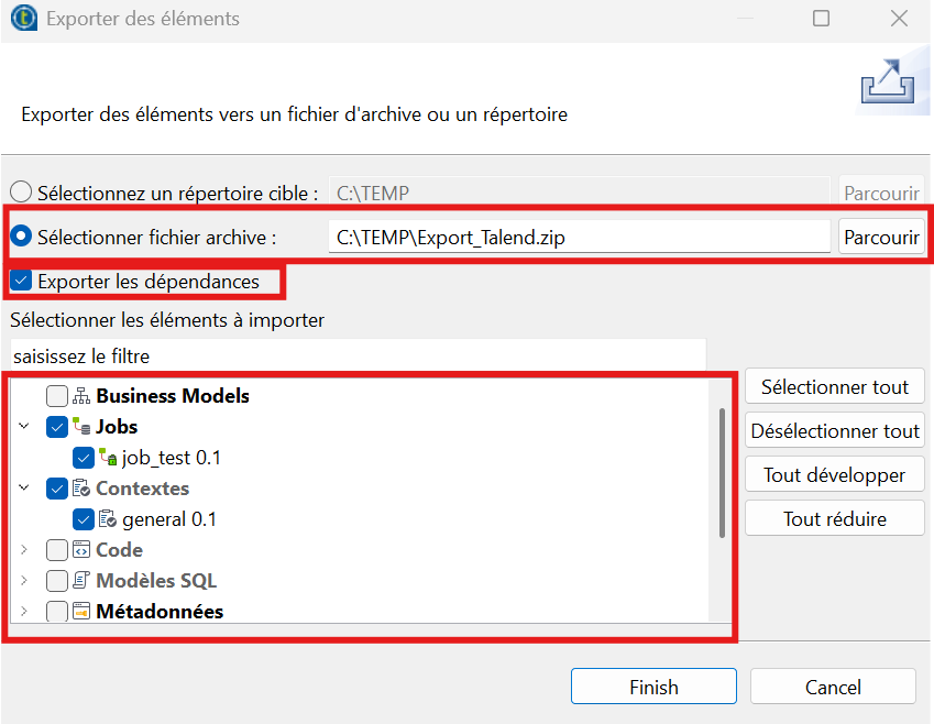 Sélection des dépendances à exporter