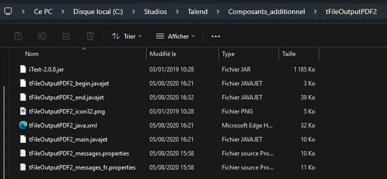 Contenu du dossier du composant tFileOutputPDF2