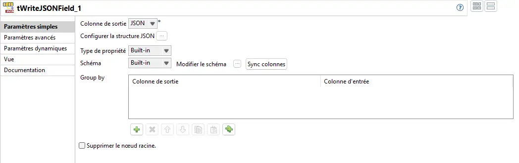 Basic settings du composant tWriteJSONField